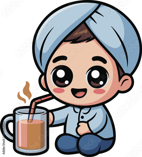 A cute cartoon illustration of a young boy wearing a traditional turban