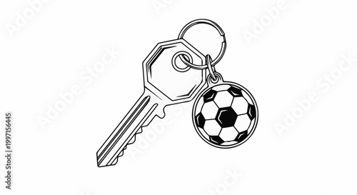 A simple line drawing of a key on a ring with a soccer ball charm