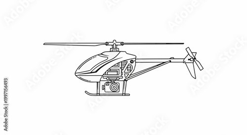 A simple line drawing of a model helicopter featuring main rotors, a tail rotor, and a camera