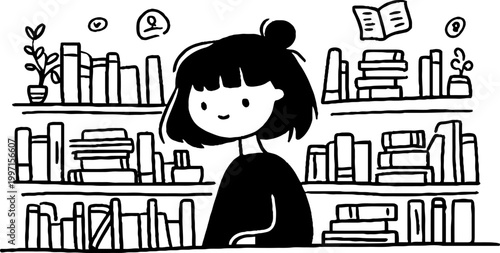 Young woman smiling behind library desk with bookshelves