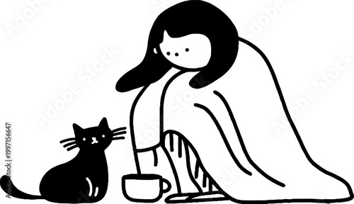 Person wrapped in blanket sitting with cat and mug indoors