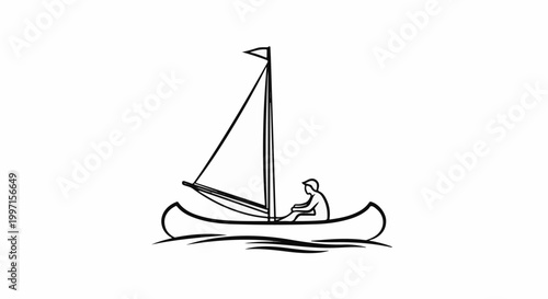A simple line drawing of a person sailing in a canoe on water