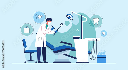 Dentist Examining Patient In Modern Dental Clinic With Equipment And Icons