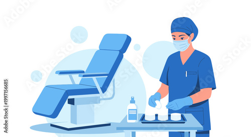 Dentist preparing medical supplies next to a dental chair, sterile equipment, healthcare concept