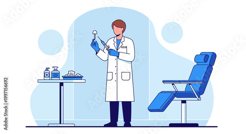 Dentist holding dental instrument in clinic with dental chair and equipment