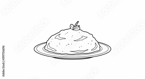A simple line drawing of a pile of food, garnished with leaves, on a plate