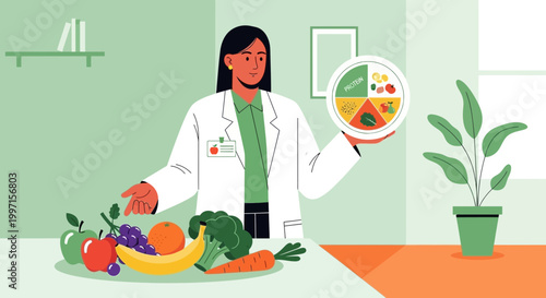 Dietitian showing healthy food plate and fresh fruits and vegetables