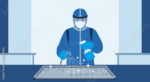 Disinfection worker in protective suit sanitizing medical instruments with spray