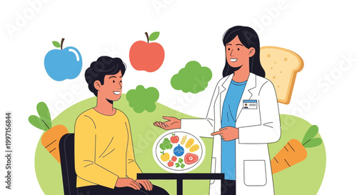 Dietitian consulting patient on healthy eating with plate of balanced food and fresh vegetables