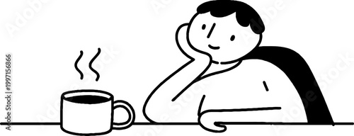 Man resting head on hand while staring at mug on table in relaxed pose