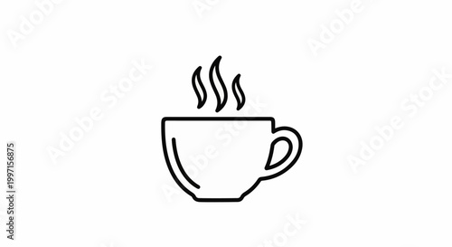 A simple line art icon of a steaming coffee cup on a white background