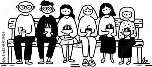 Seven people eating snacks together on outdoor park bench
