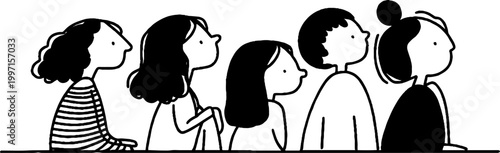 Five people sitting and looking upward on outdoor bench