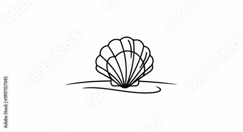 A simple line art illustration of a open seashell on a sandy surface