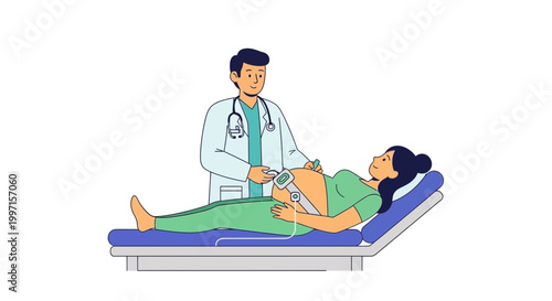 Doctor checks pregnant woman's blood pressure during prenatal checkup in clinic