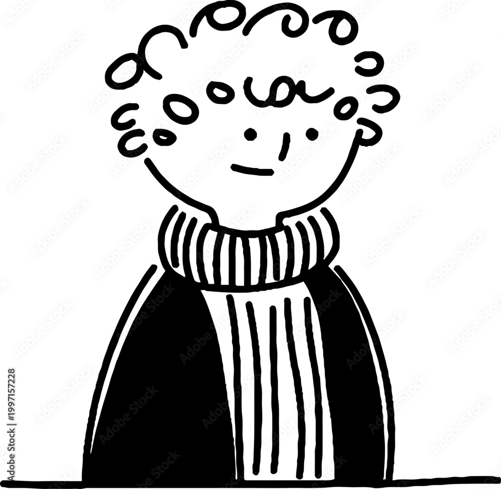 Fototapeta premium Curly haired person wearing turtleneck sweater portrait line drawing