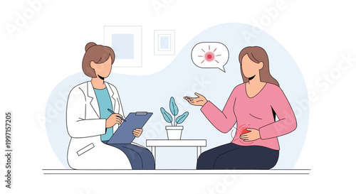 Doctor consulting patient about abdominal pain, medical examination, healthcare concept