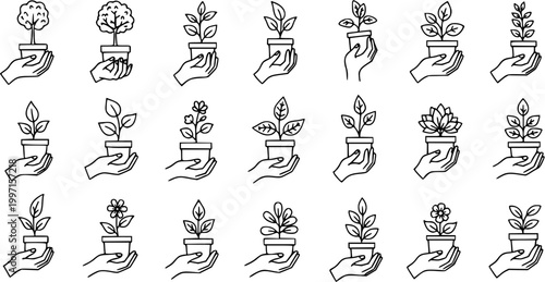 Canvastavla Minimalist line art icon set featuring hands gently holding various potted plant