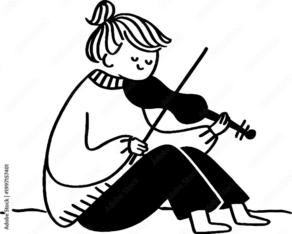 Fototapeta premium Person playing violin while seated on floor in sketch