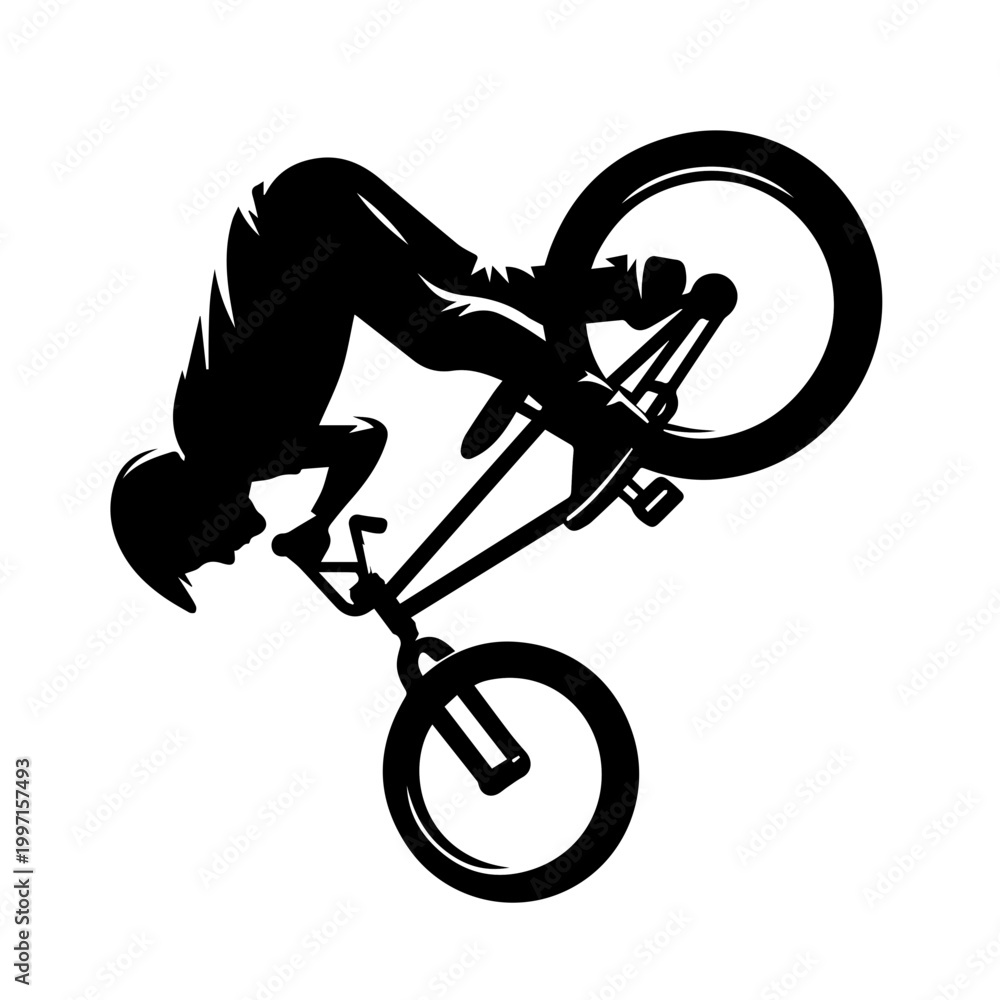 Fototapeta premium bmx rider performing aerial stunt trick in black silhouette.a black silhouette of a bmx cyclist doing a trick on a bike, ideal for sports and action themed marketing and advertising materials