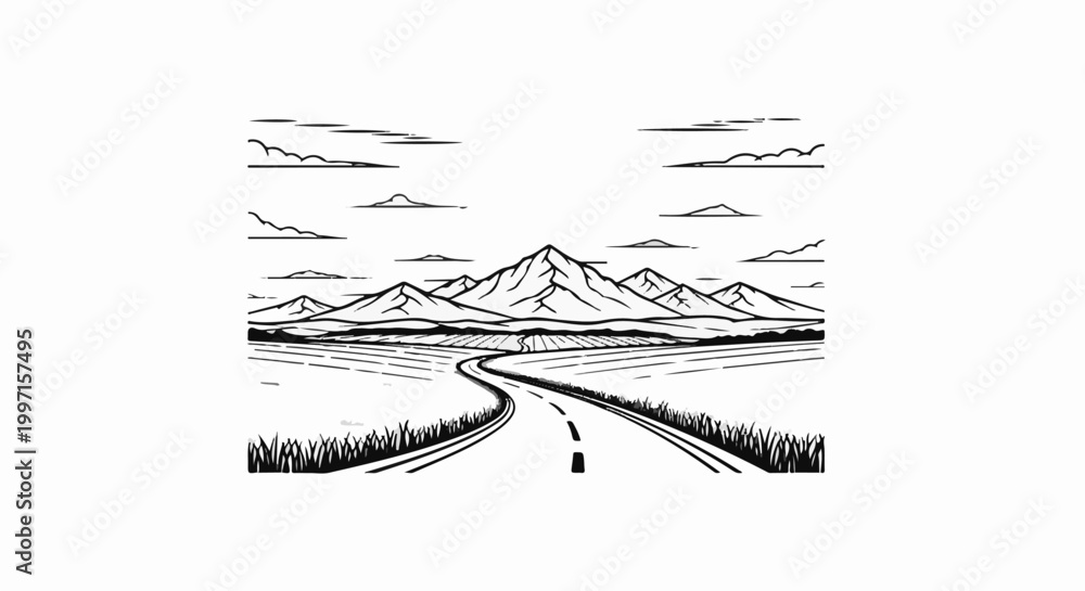 Obraz premium A scenic road winds through fields toward majestic, snow-capped mountains under a cloudy sky