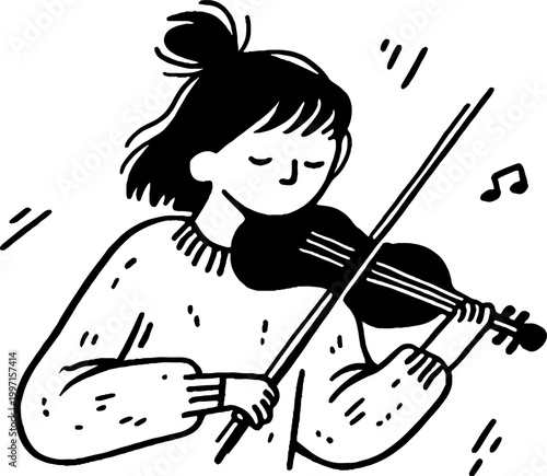 Woman practicing violin with bow in simple sketch