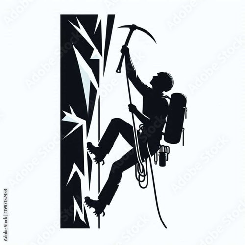 climber silhouette climbing mountain with pickaxe.a black silhouette of a climber ascending a mountain with a pickaxe in hand, conveying adventure and challenge