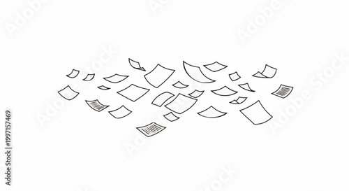 A scattering of loose paper sheets drifts aimlessly in the air