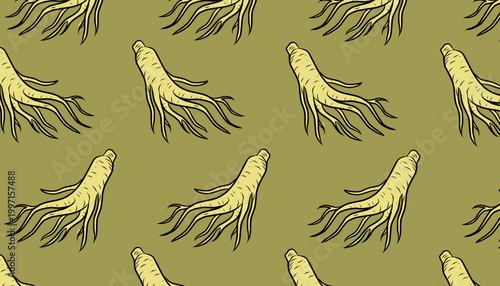 Ginseng Seamless Pattern. Handdrawn Root Illustration. Herbal Botanical Background. for Packaging Textile Design