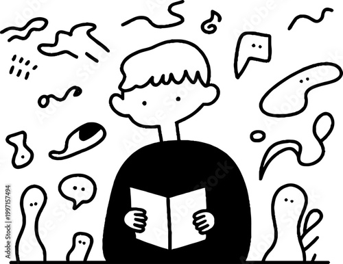 Person reading book surrounded by abstract shapes and blobs