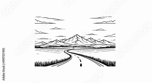 A scenic road winds through fields toward majestic, snow-capped mountains under a cloudy sky