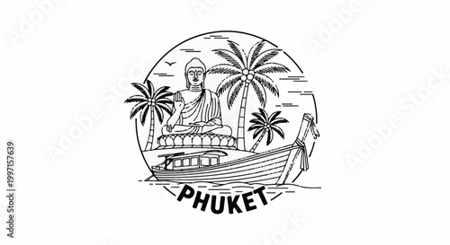 A serene Buddha statue sits amidst palm trees and a traditional boat