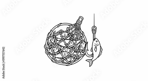 A net full of fish and another on a fishing hook against a white background