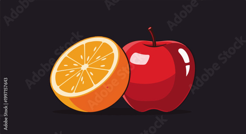 A red apple and a halved orange sit against a dark backdrop