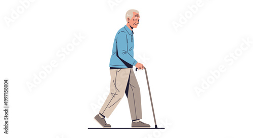 Elderly man walking with a cane illustration on a white background