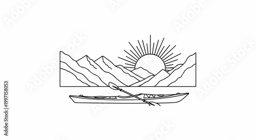 A minimalist line drawing of a kayak and paddle on water with mountains and sun