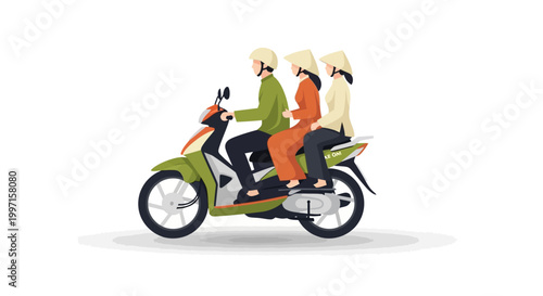 Vietnamese people wearing conical hats riding a motorbike taxi.