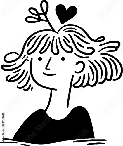Young woman smiling with heart symbol in simple illustration