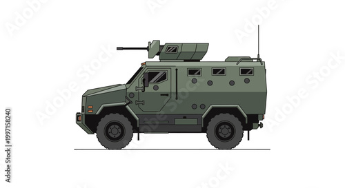 Illustration of a green armored personnel carrier with a turret.