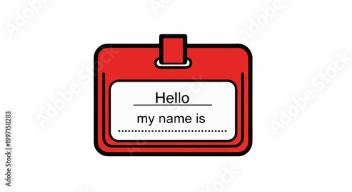 A red name tag with "Hello my name is" printed on it