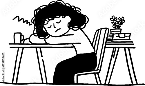 Woman resting head on desk in indoor study area with books