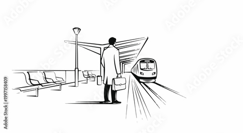 A man with a briefcase stands on a train platform, waiting for the approaching train