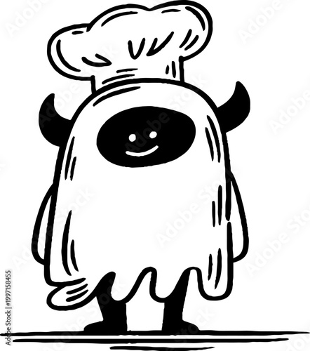 Ghost chef character standing smiling on white background