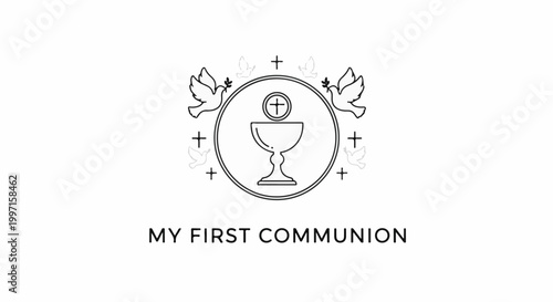 A religious graphic with a chalice, cross, and doves, announcing a first communion
