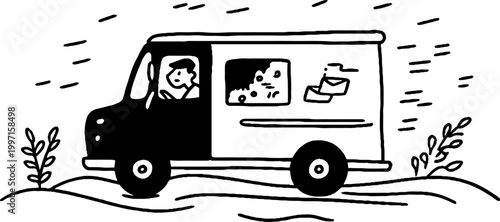 Delivery van driving along road with plant lined roadside