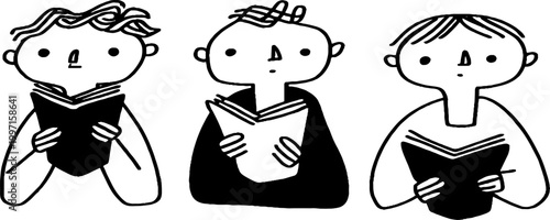 Three children reading books together in row