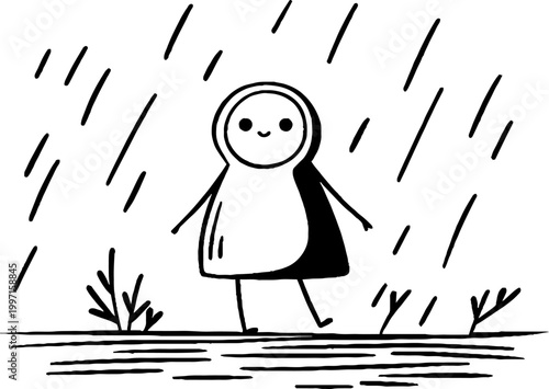 Small figure walking in rain near puddle on muddy ground