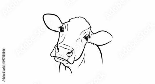 A simple black and white line drawing of a cow's head, looking directly forward