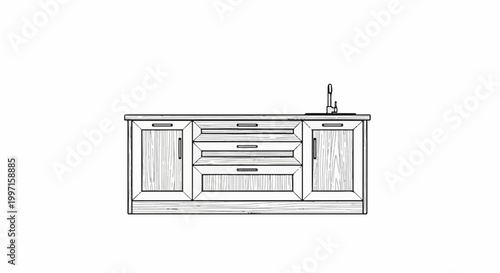 A line drawing of a kitchen cabinet with a sink and faucet