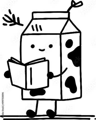 Milk carton character reading book on simple line ground